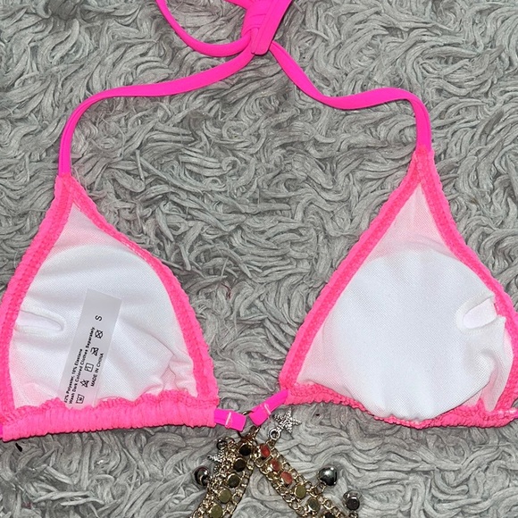 Hot Pink Bikini 2pc Swimsuit Gold Chain Charms Seersucker S Small - Picture 4 of 5